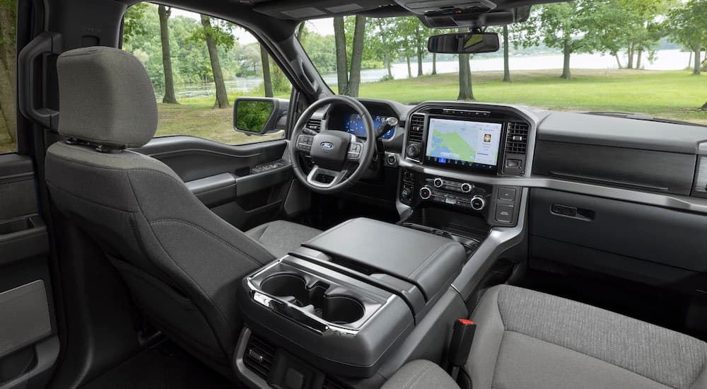 The black interior of a 2025 Ford F-150.