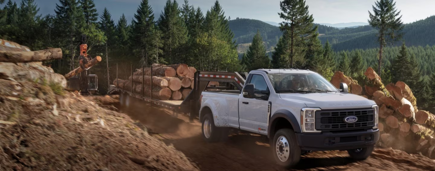 White 2026 Ford F-450 towing lumber up a muddy trail