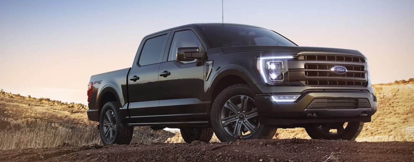 A black 2023 Ford F-150 parked offroad.