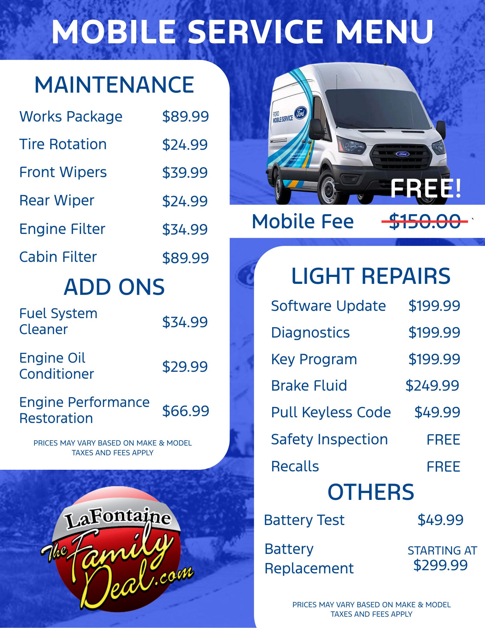 Ford Mobile Service Pricing Menu